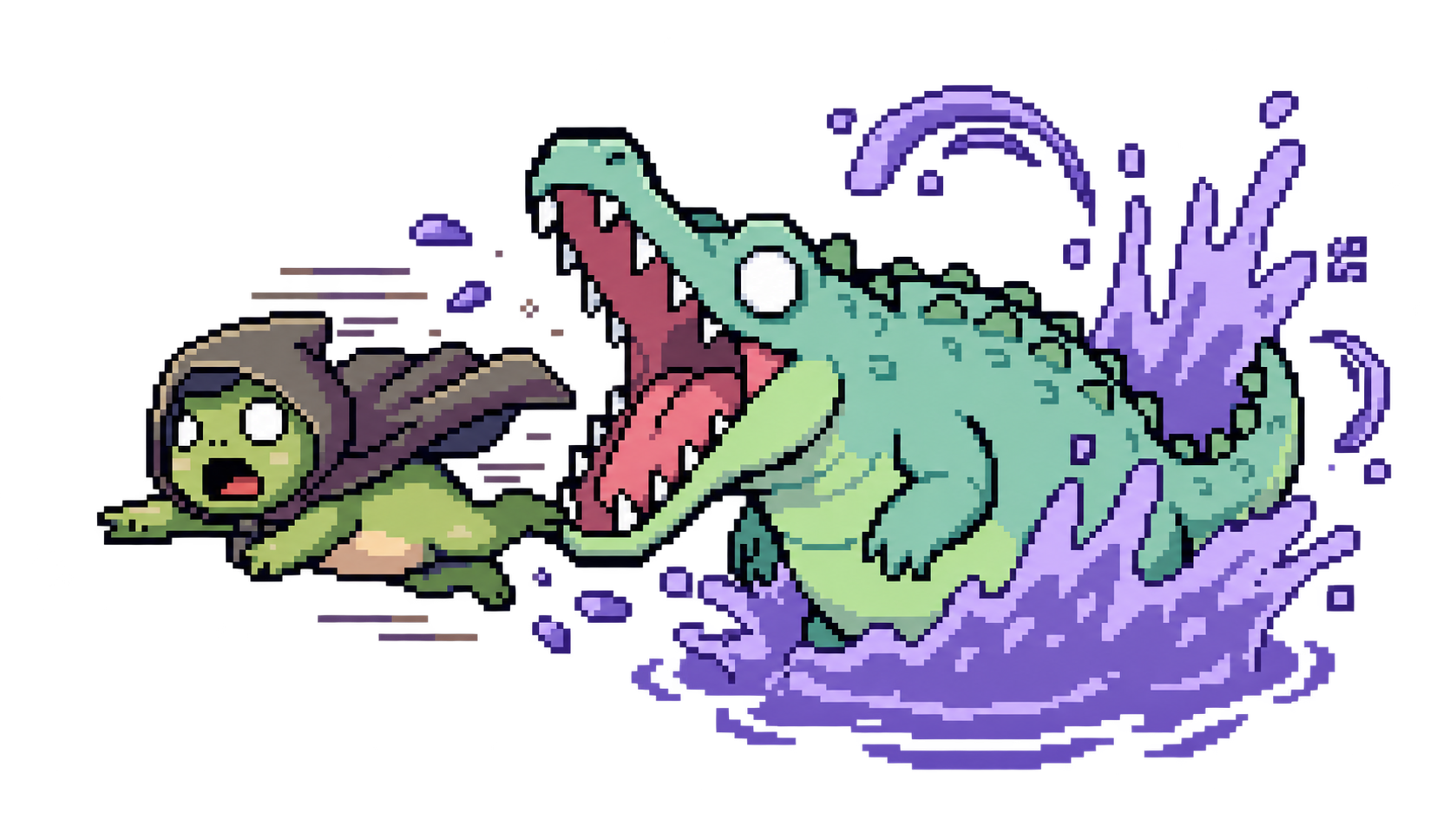 A caped frog leaps away from a snapping crocodile in a purple splash.